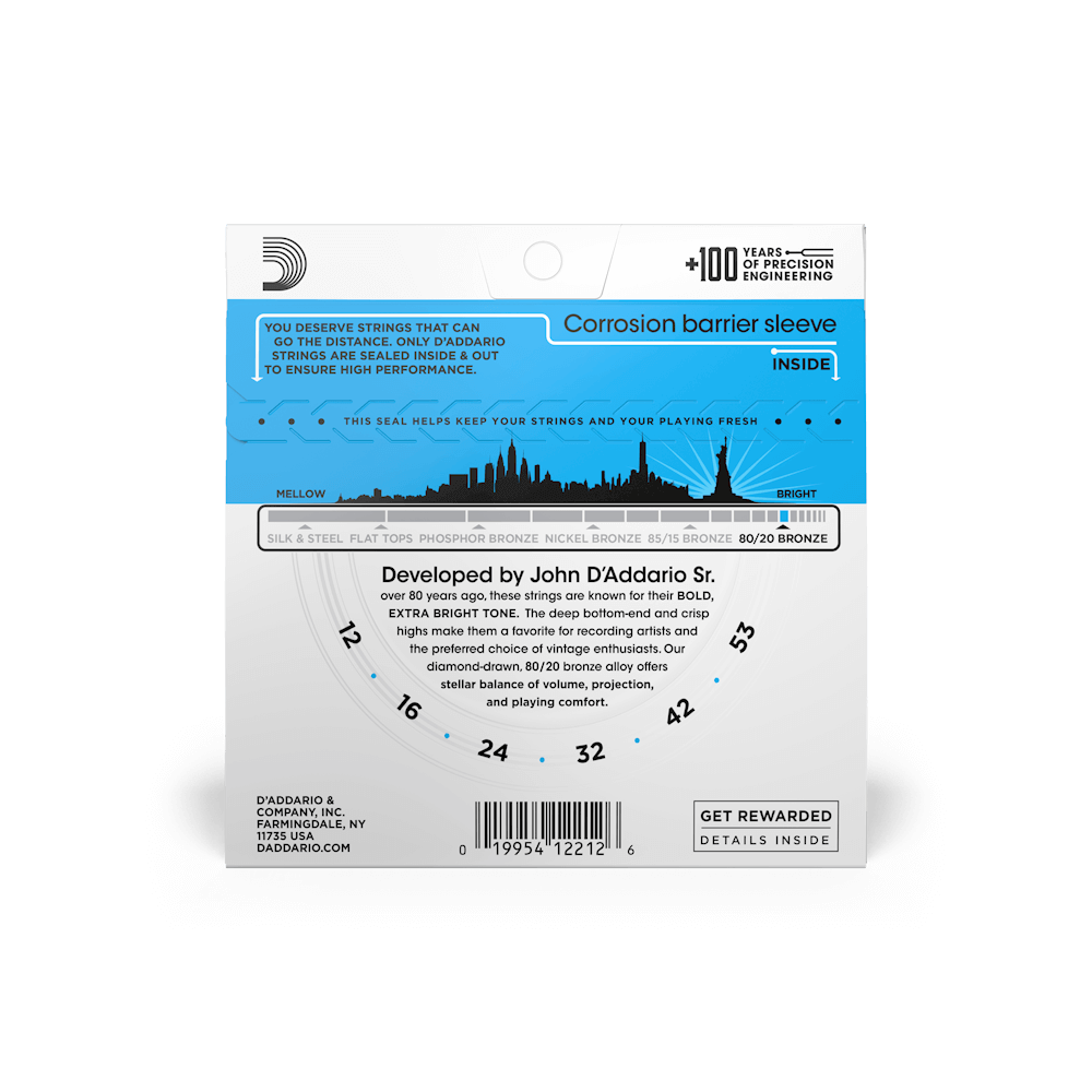 D'Addario 12-53 Light, 80/20 Bronze Acoustic Guitar Strings (EJ11)