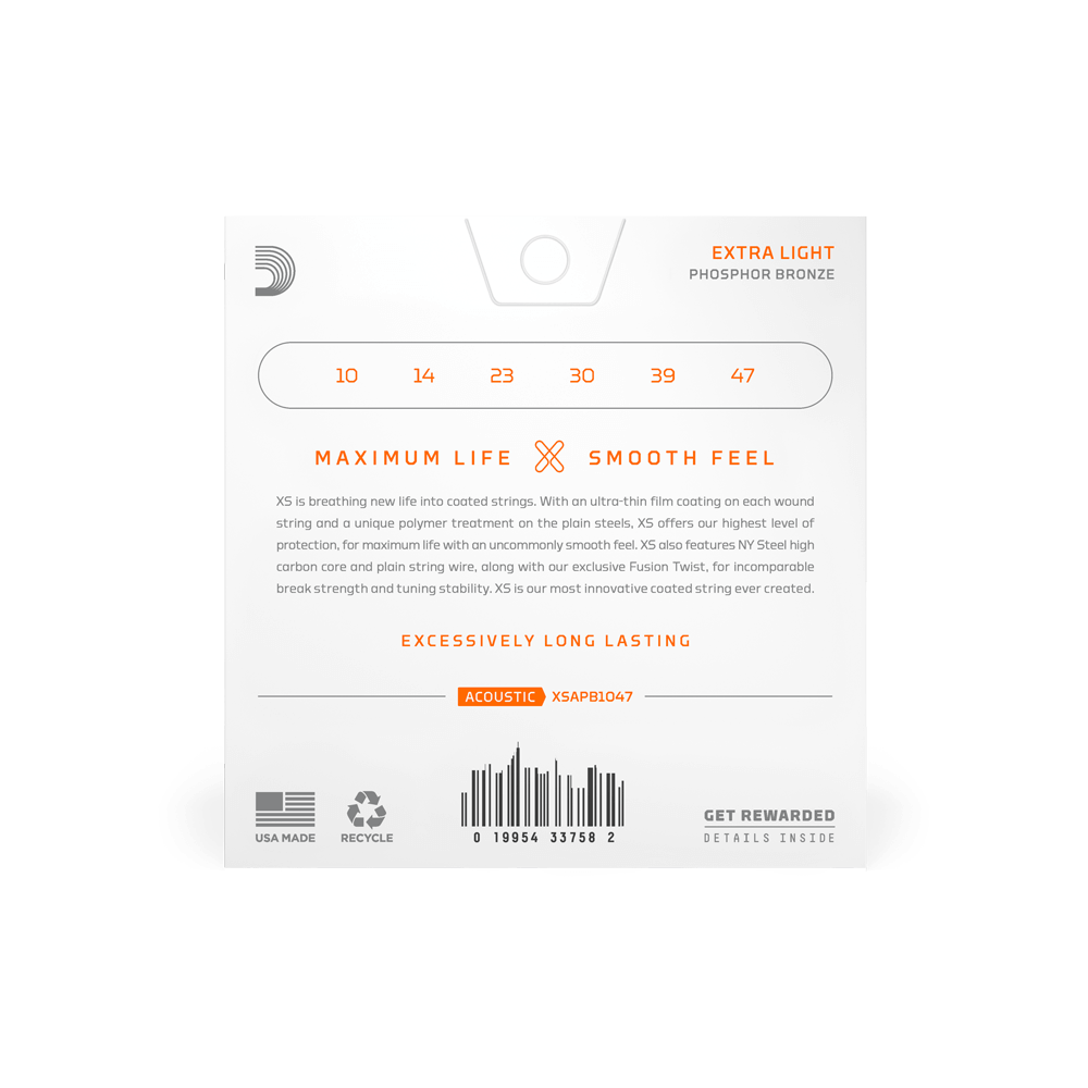 D'Addario 10-47 Extra Light, XS Phosphor Bronze Coated Electric Guitar Strings (XSAPB1046)