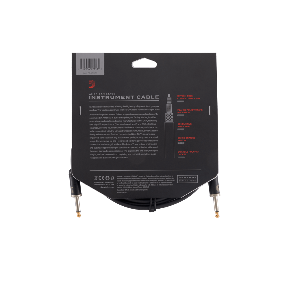 D'Addario American Stage Instrument Cable, Straight to Straight, 10ft