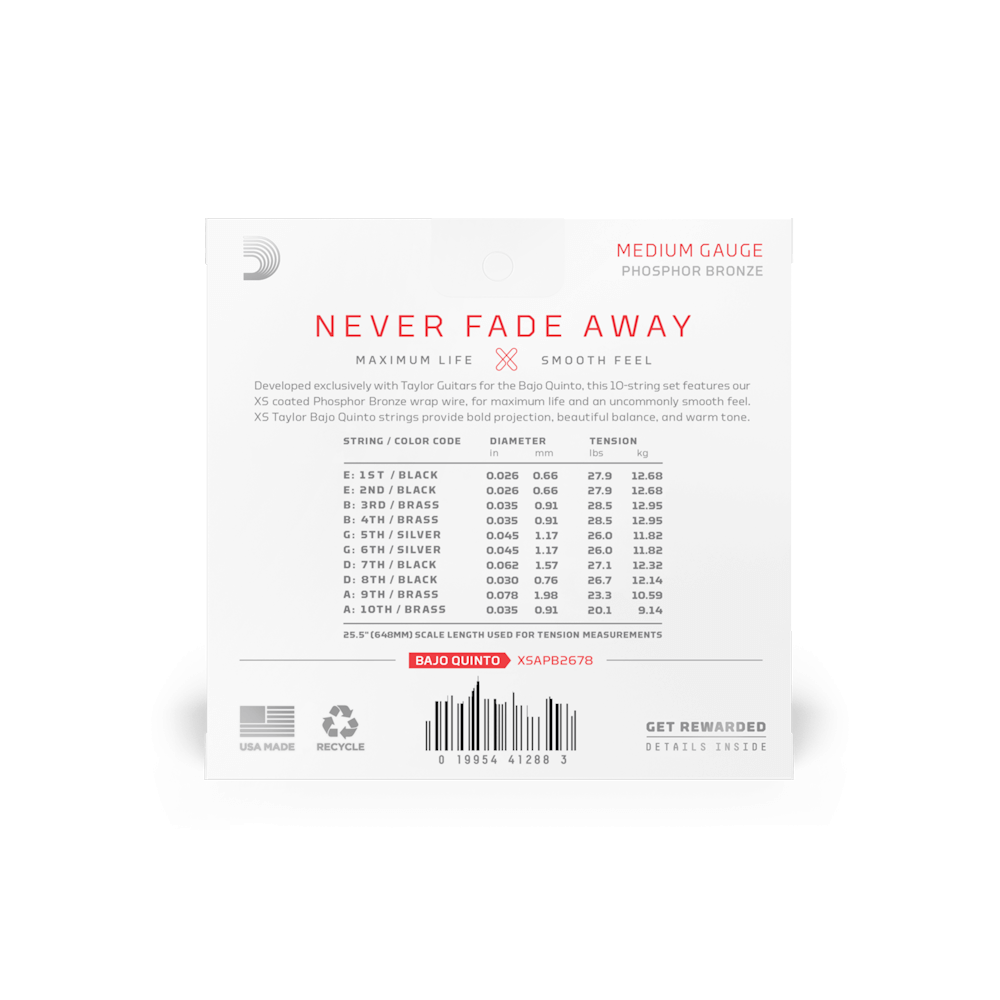 D'Addario (Phosphor Bronze) XS - Taylor Bajo Quinto - Medium Coated 10-String Set (XSAPB2678)