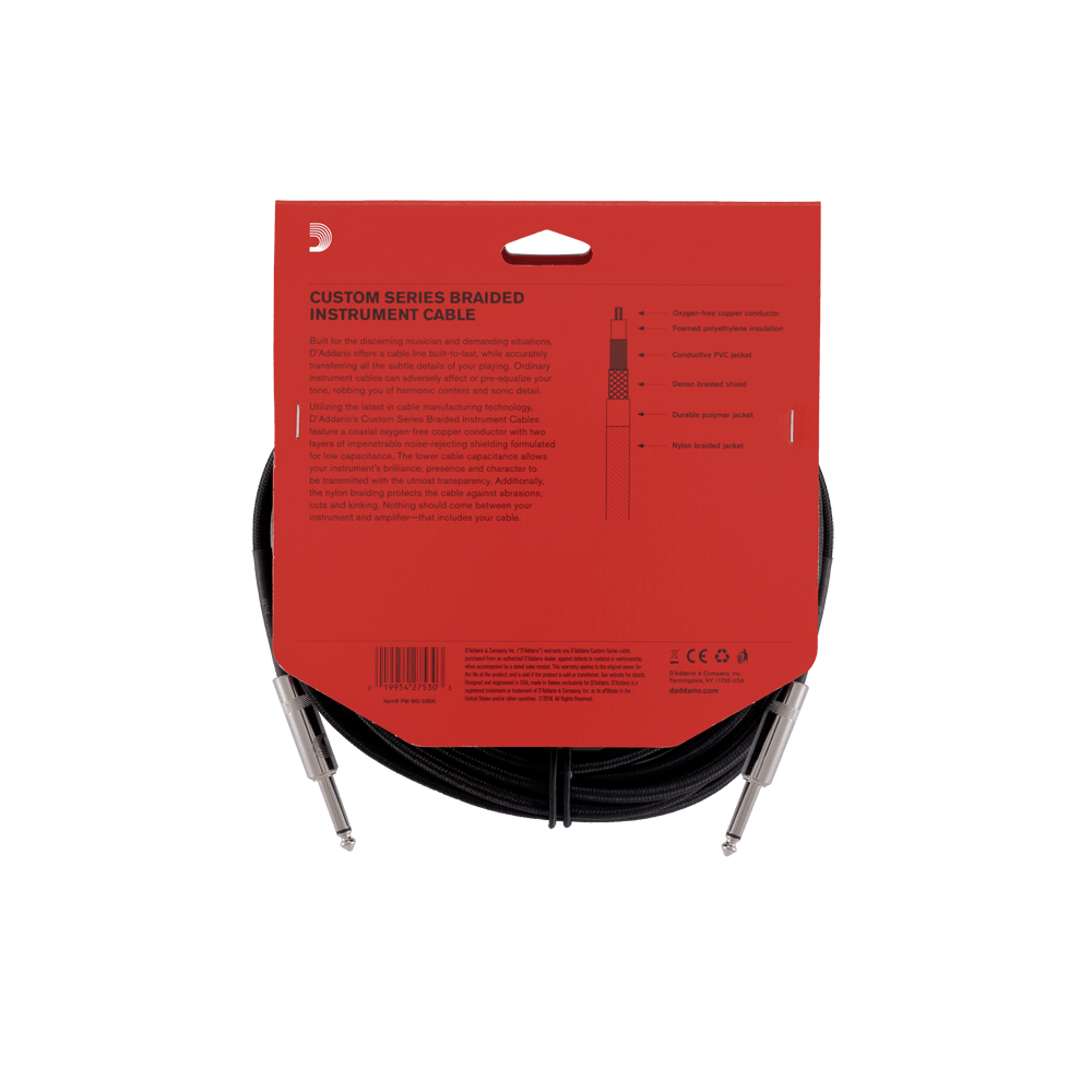 D'Addario Braided Instrument Cable 20 ft. Black, 20ft.