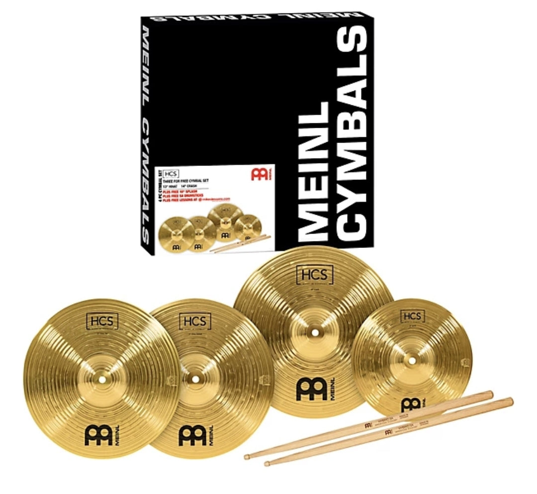 Juego de tres platillos Meinl HCS gratis: hihats de 13 pulgadas/crash de 14 pulgadas con Splash de 10 pulgadas gratis, baquetas Meinl y 3 lecciones electrónicas.