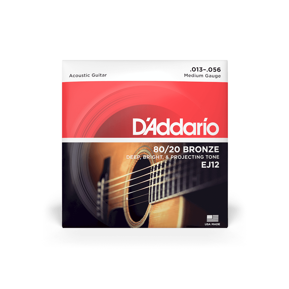 D'Addario 13-56 Medium, 80/20 Bronze Acoustic Guitar Strings (EJ12)