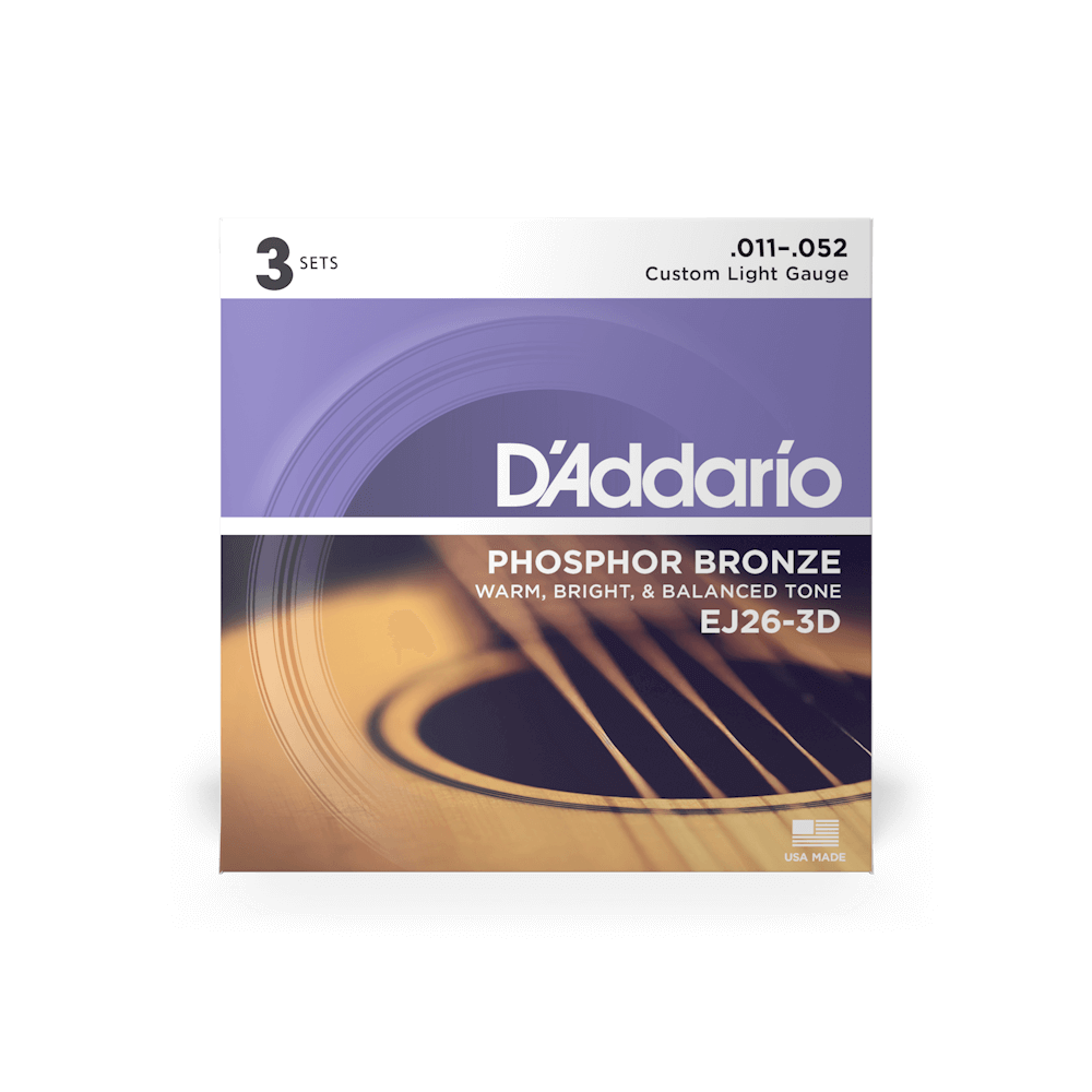 D'Addario 11-52 Custom Light, Phosphor Bronze Acoustic Guitar Strings (EJ26-3D)