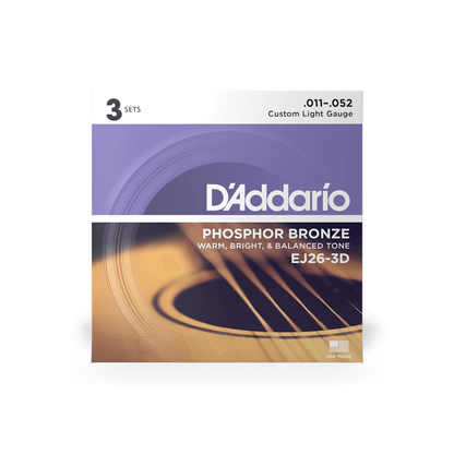 Cuerdas para guitarra acústica de bronce fosforado D'Addario 11-52 Custom Light (EJ26-3D)