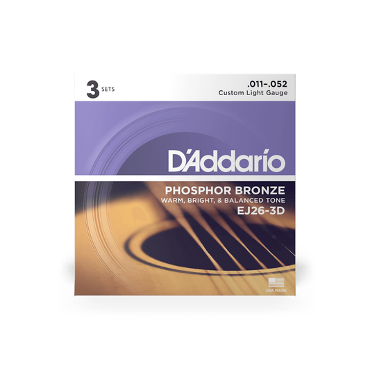 D'Addario 11-52 Custom Light, Phosphor Bronze Acoustic Guitar Strings (EJ26-3D)