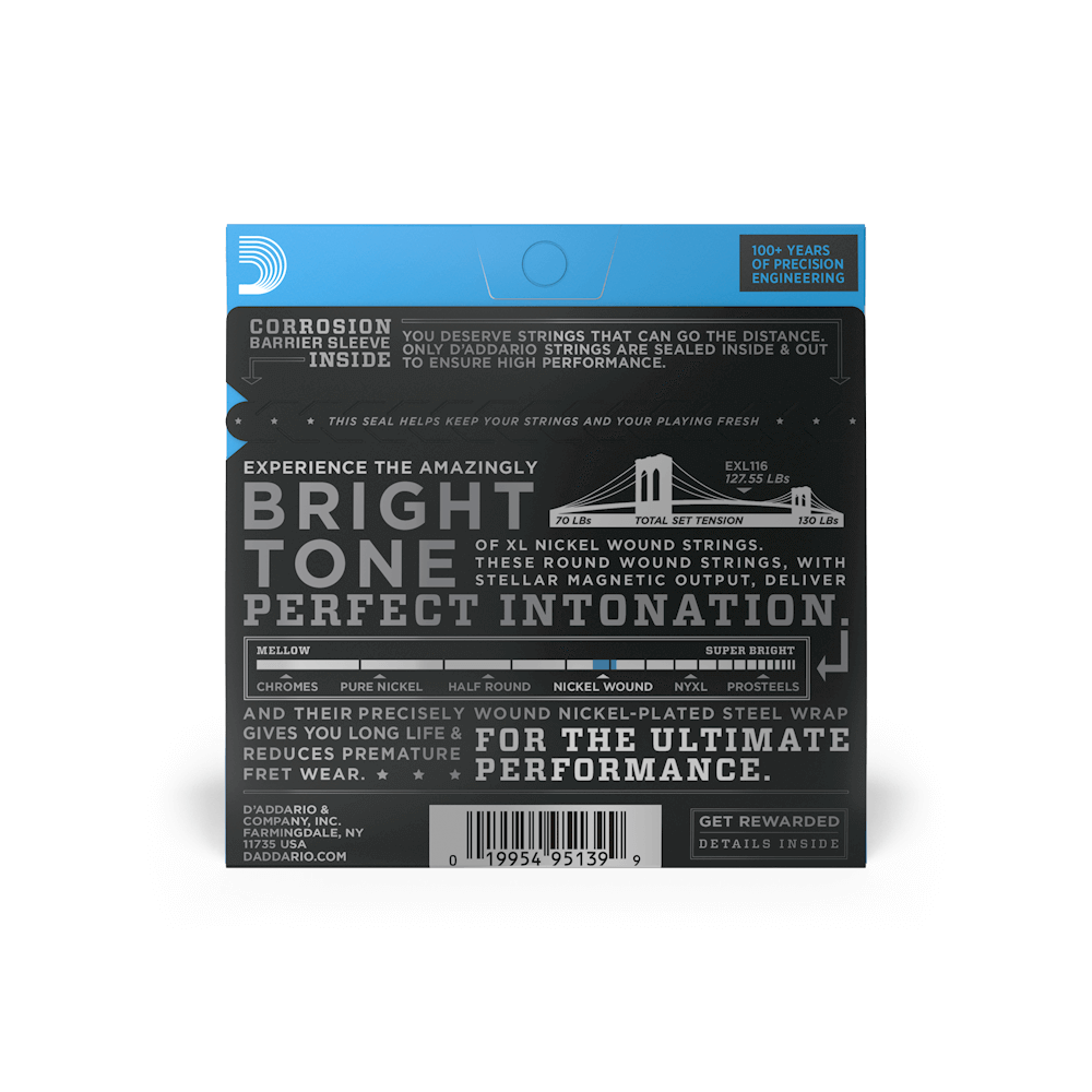 D'Addario 11-52 Nickel Wound XL Medium Top/Heavy Bottom Electric Guitar Strings (EXL116)