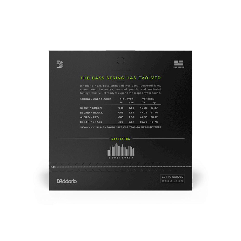 D'Addario 45-105 Regular Light Top/Medium Bottom, Long Scale, NYXL Bass Strings (NYXL45105)