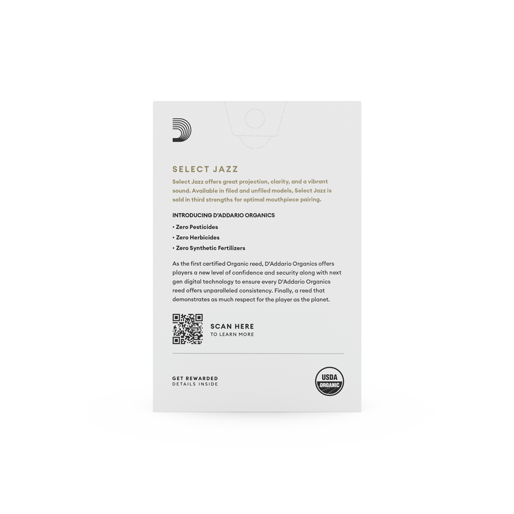 D'Addario Organic Select Jazz Filed Alto Saxophone Reeds
Strength 3 Soft, Individually-Sealed, 10-Pack