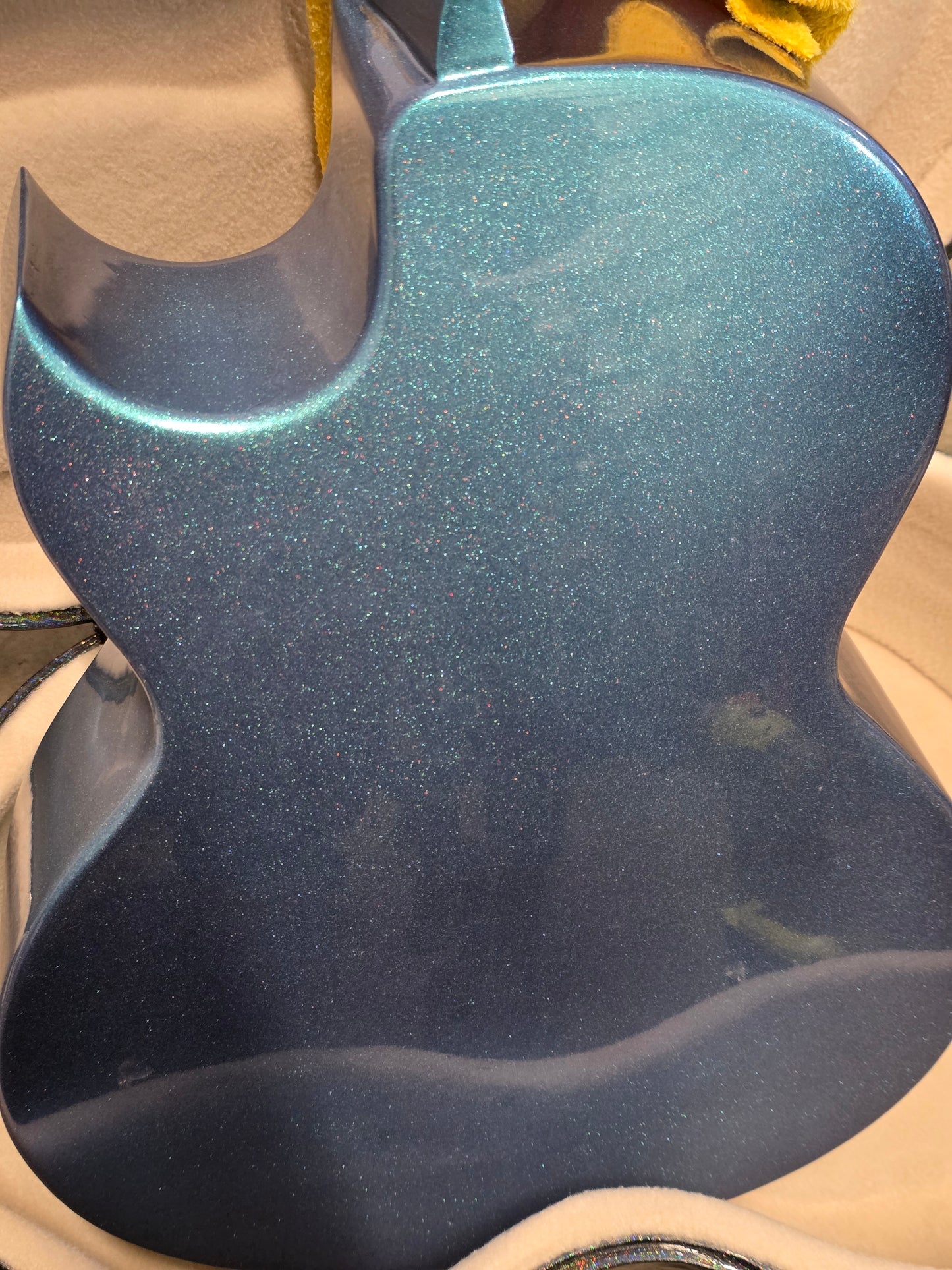 (Tex-Mex Bajo Quinto in light blue sparkle, Cedar wood. (Small blemishes = Big discount!!)