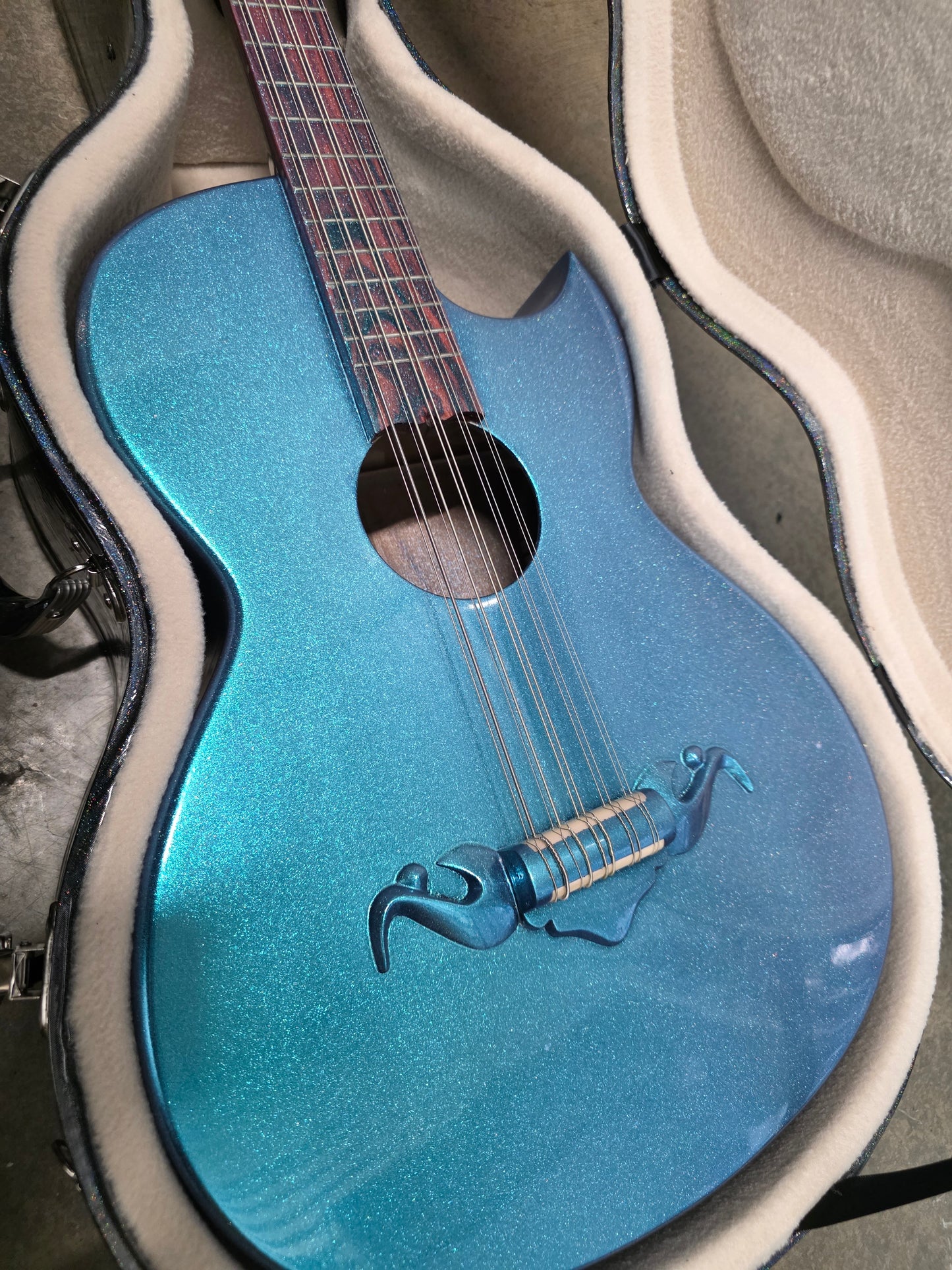 (Tex-Mex Bajo Quinto in light blue sparkle, Cedar wood. (Small blemishes = Big discount!!)