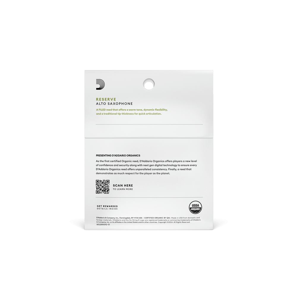 D'Addario Organic Reserve Classic Alto Sax Reeds, Strength 3.0, 3-pack Filed Reeds