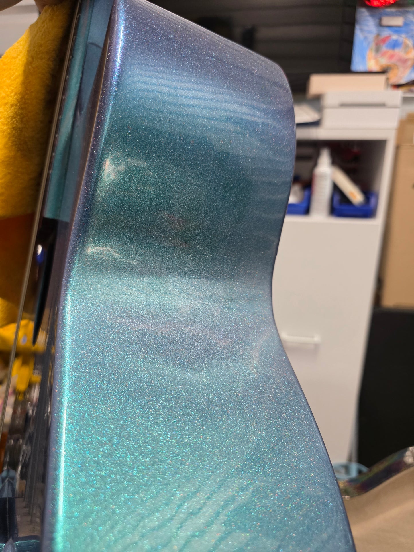 (Tex-Mex Bajo Quinto in light blue sparkle, Cedar wood. (Small blemishes = Big discount!!)