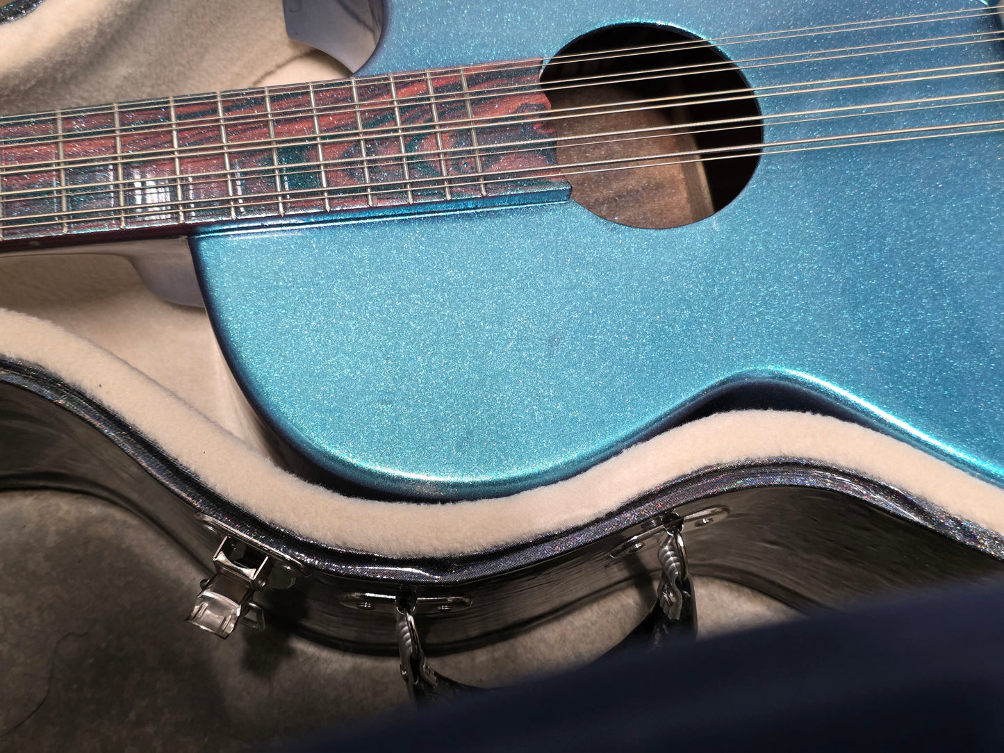 (Tex-Mex Bajo Quinto in light blue sparkle, Cedar wood. (Small blemishes = Big discount!!)