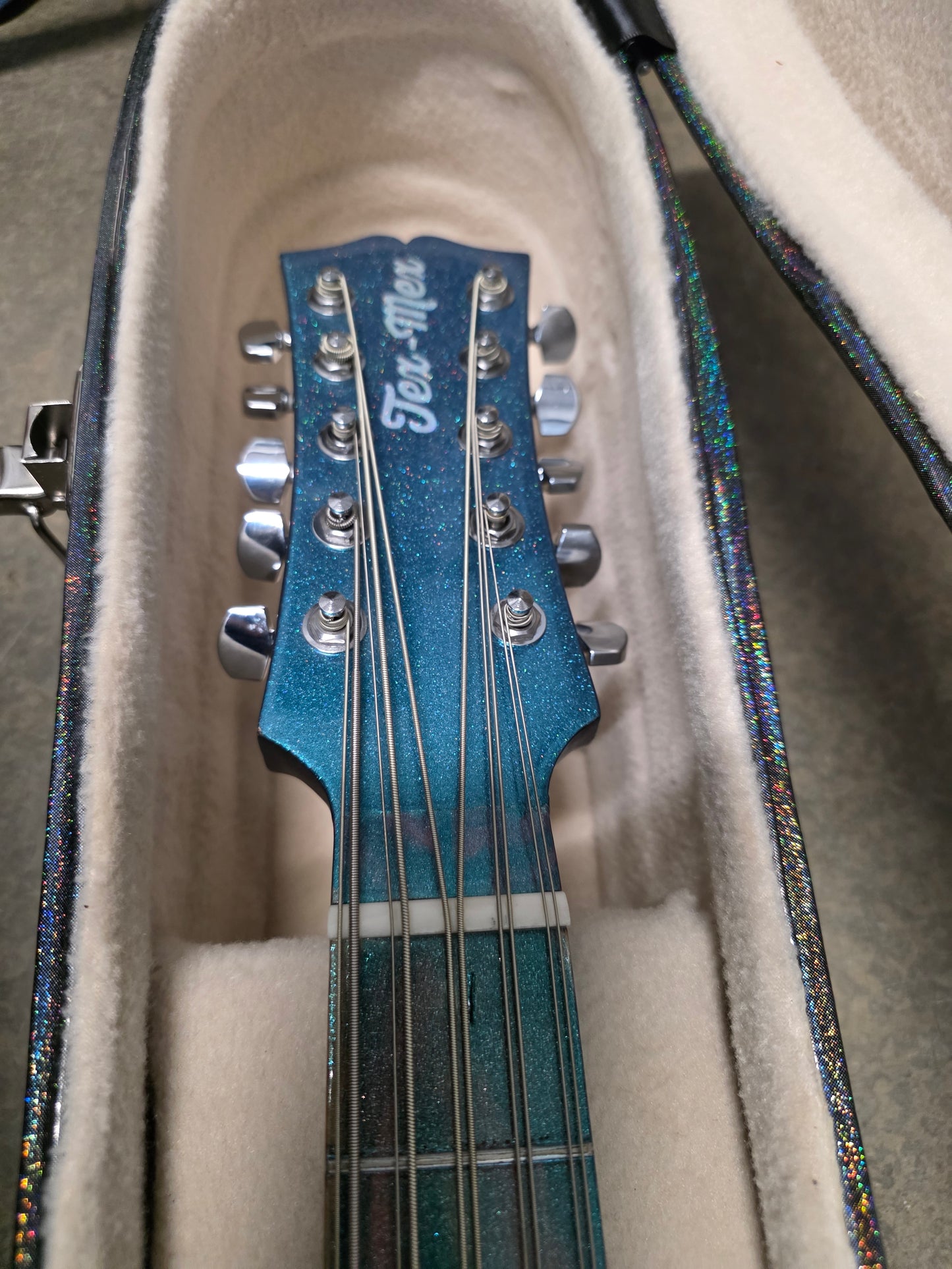 (Tex-Mex Bajo Quinto in light blue sparkle, Cedar wood. (Small blemishes = Big discount!!)