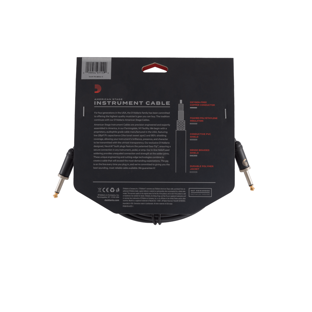 D'Addario American Stage Instrument Cable, Straight to Straight, 15ft