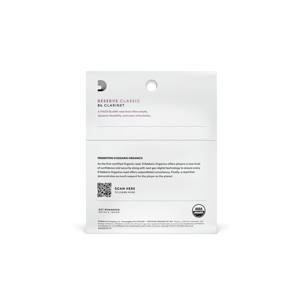 D'Addario Organic Reserve Classic Bb Clarinet Reeds, Strength 3.5, 3-pack Filed Reeds