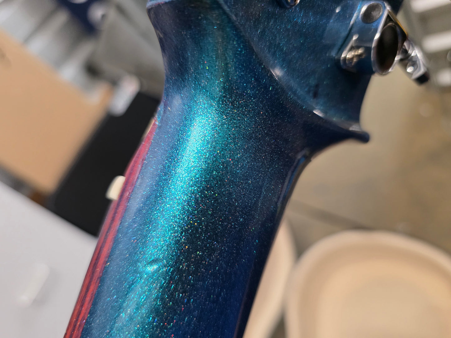 (Tex-Mex Bajo Quinto in light blue sparkle, Cedar wood. (Small blemishes = Big discount!!)