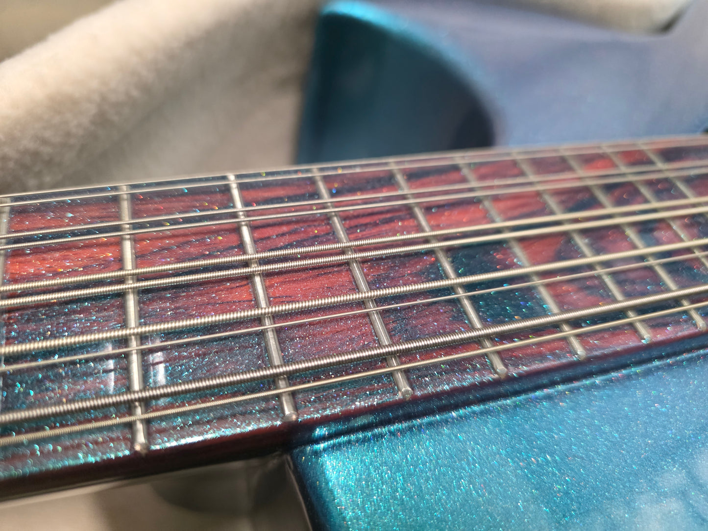 (Tex-Mex Bajo Quinto in light blue sparkle, Cedar wood. (Small blemishes = Big discount!!)