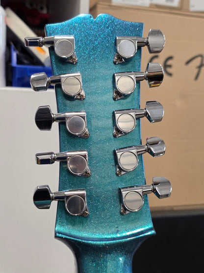 (Tex-Mex Bajo Quinto in light blue sparkle, Cedar wood. (Small blemishes = Big discount!!)