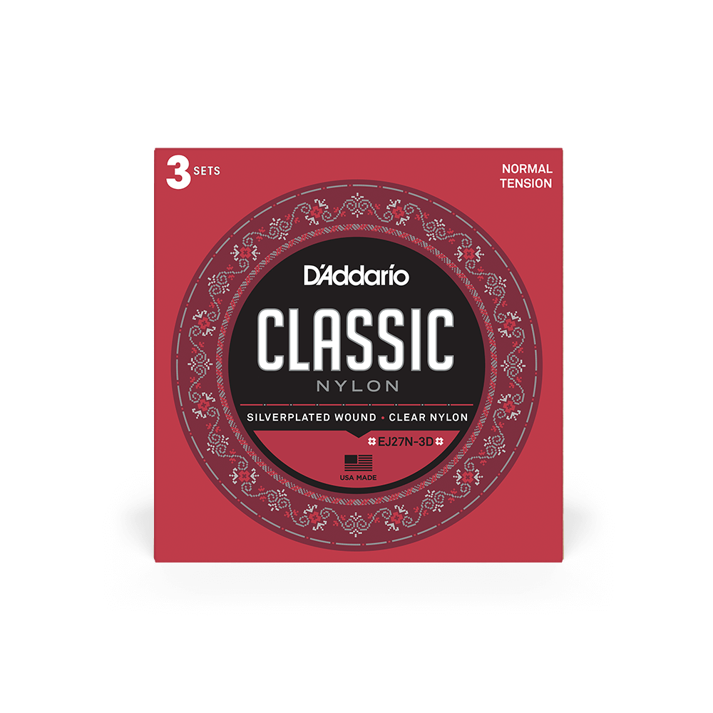 D'Addario Normal Tension, Full size, Classic Nylon Student Classical Guitar Strings 3-pack EJ27N-3D