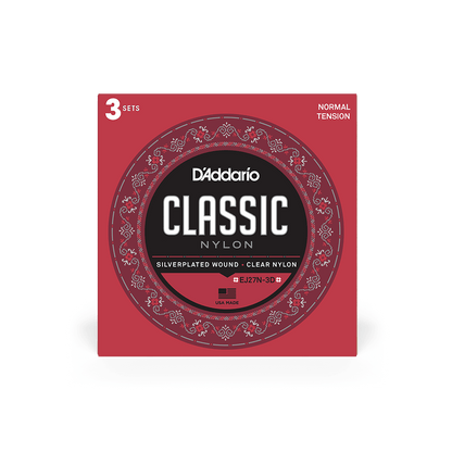 D'Addario Normal Tension, Full size, Classic Nylon Student Classical Guitar Strings 3-pack EJ27N-3D