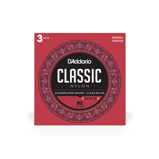 D'Addario Normal Tension, Full size, Classic Nylon Student Classical Guitar Strings 3-pack EJ27N-3D