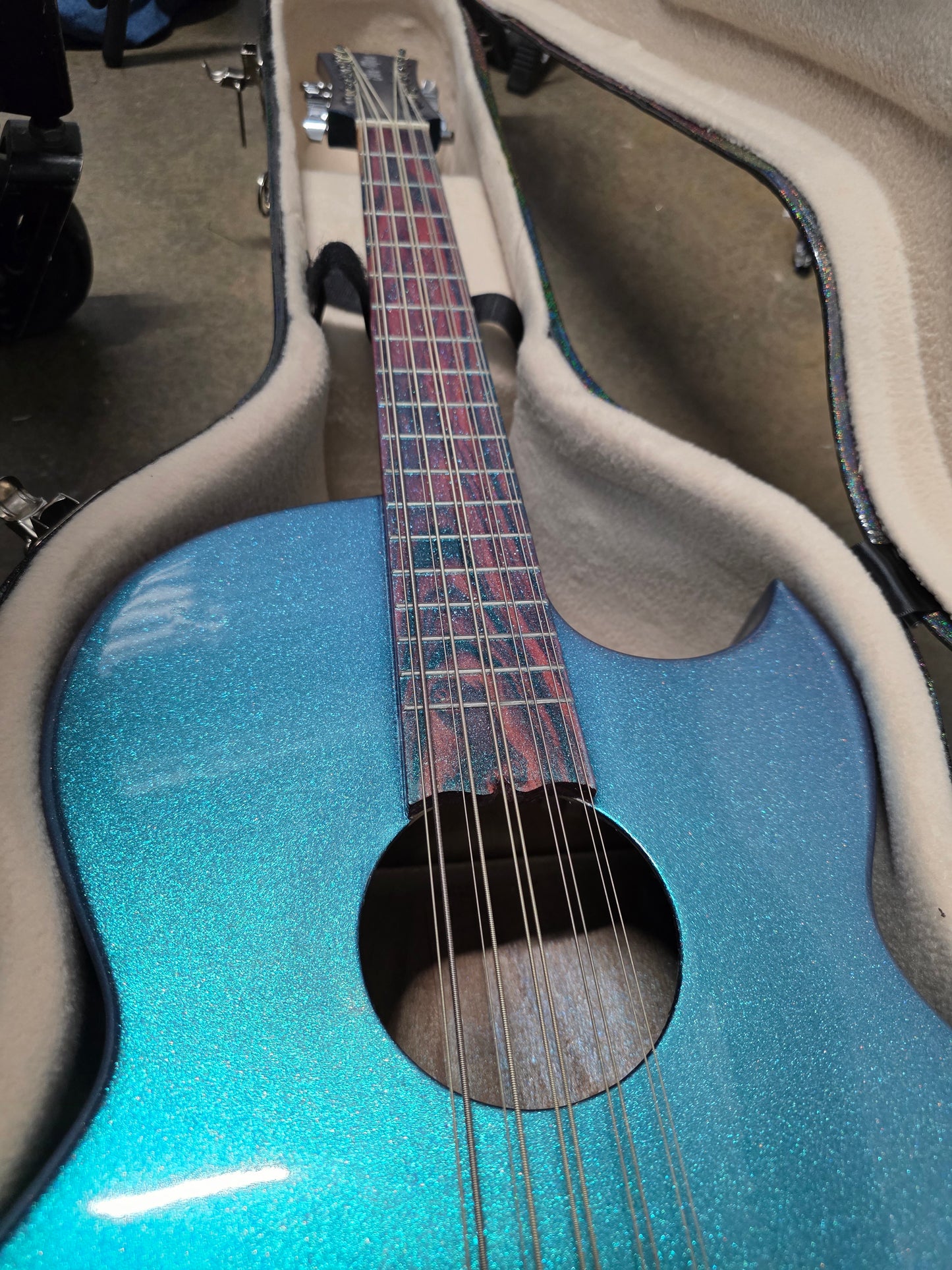 (Tex-Mex Bajo Quinto in light blue sparkle, Cedar wood. (Small blemishes = Big discount!!)